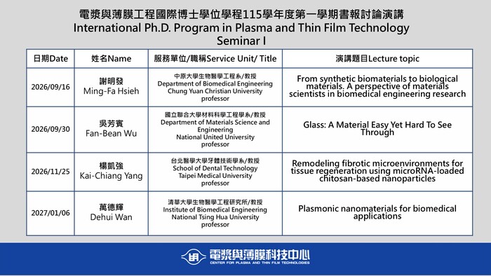 【書報討論講座】International Ph.D. Program in Plasma and Thin Film Technology Seminar I圖片